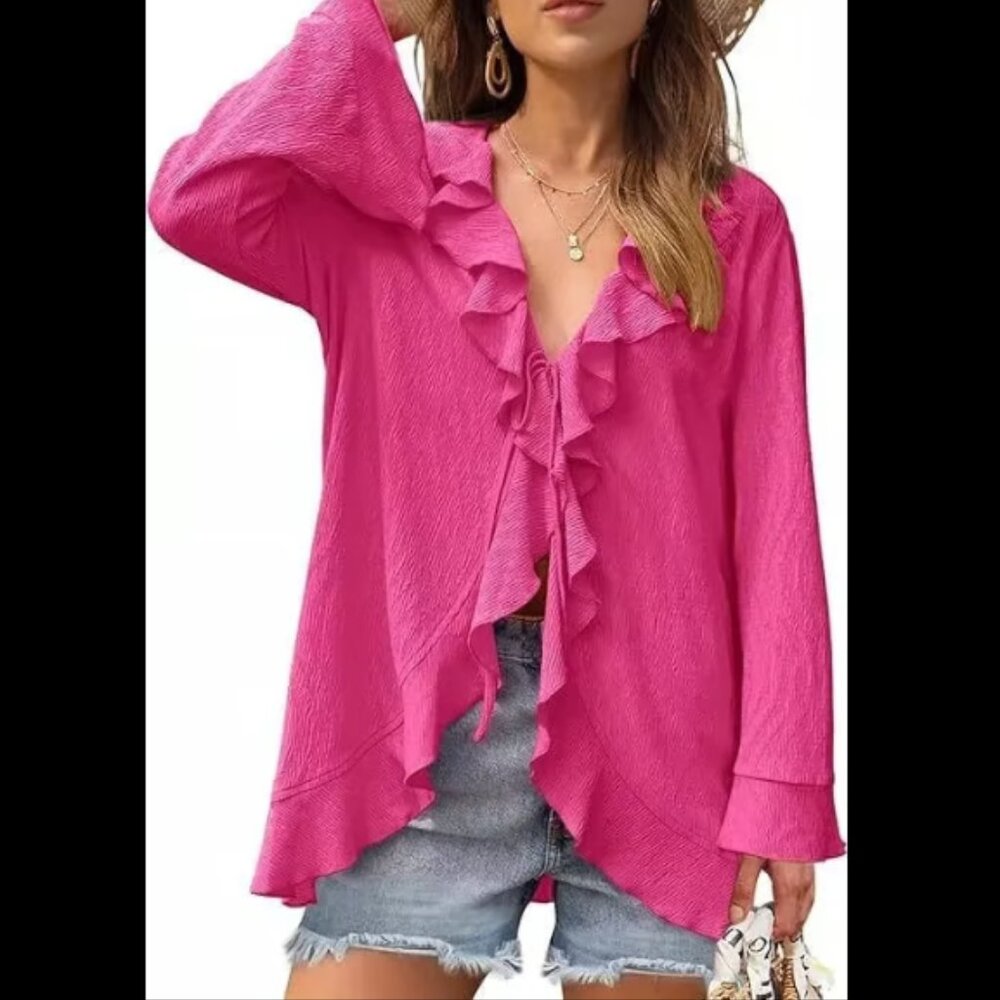 Ruffled Tie Front Hot Pink Cardigan Coverup Long Sleeve Shirt NEW Size XL